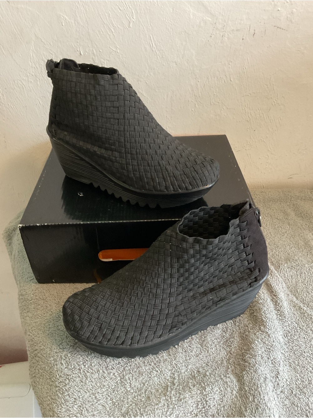 bernie mev. Black Woven Wedge Ankle Booties